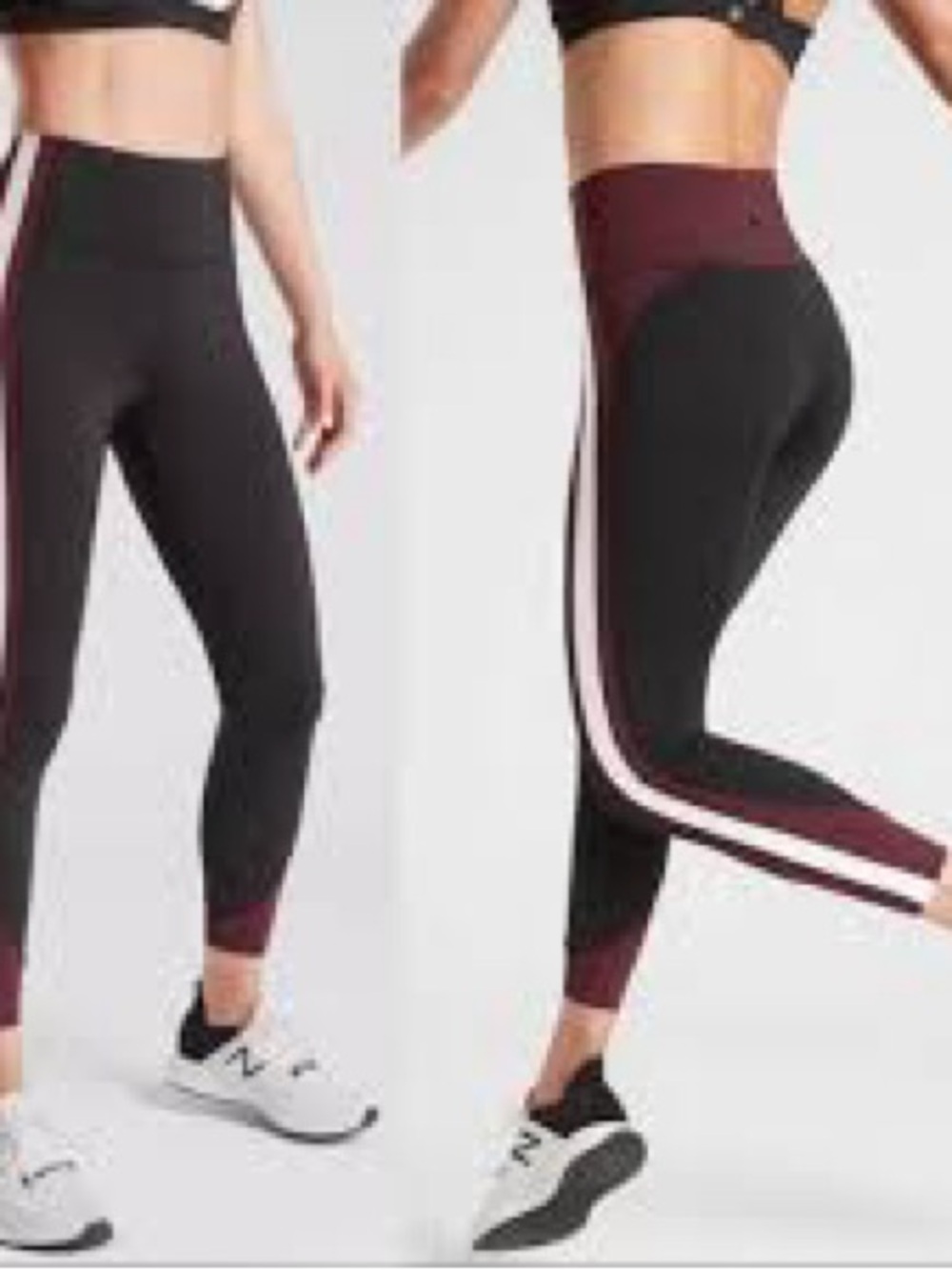 Athleta Black Leggings with Burgundy and Light Pink Side Stripes